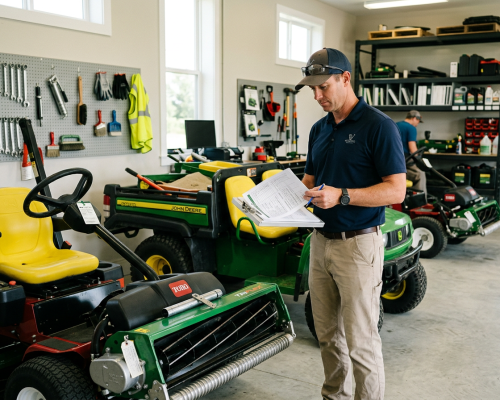 golf-course-maintenance-team-reviewing-equipment-standards
